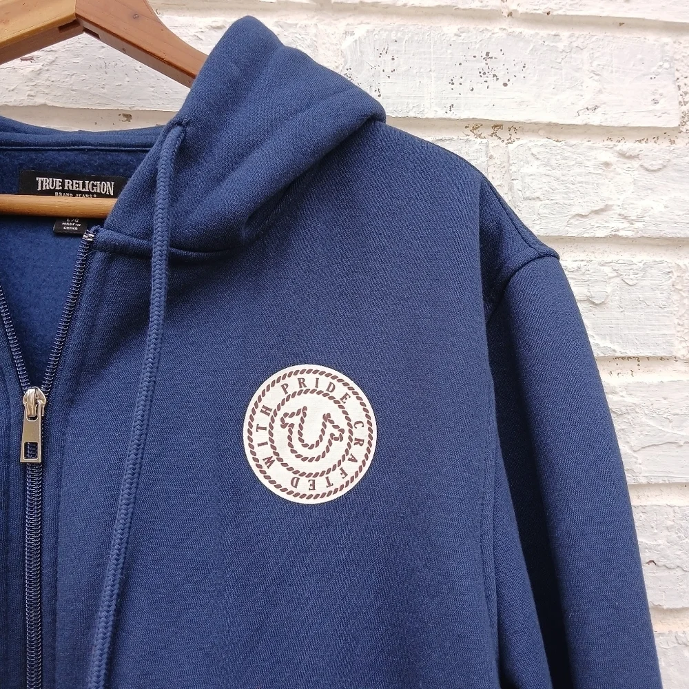 True Religion Full Zip Hoodie Logo Navy Large